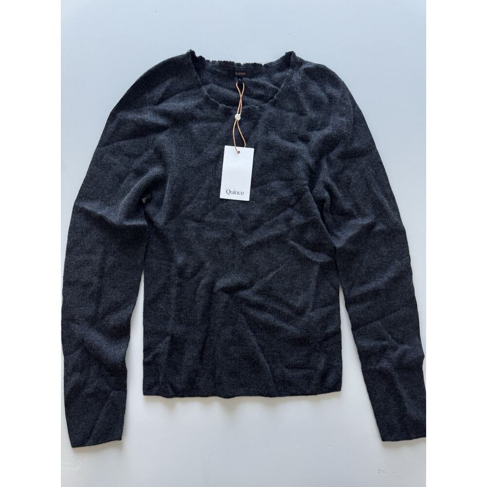 Quince Featherweight Cashmere Ribbed Crewneck Sweater/Charcoal Large - Picture 3 of 13